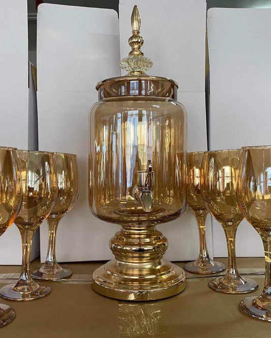 Elegant Gold Beverage Dispenser Set with 6 Wine Glasses