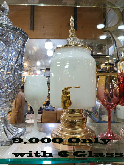 Elegant Gold Beverage Dispenser Set with 6 Wine Glasses