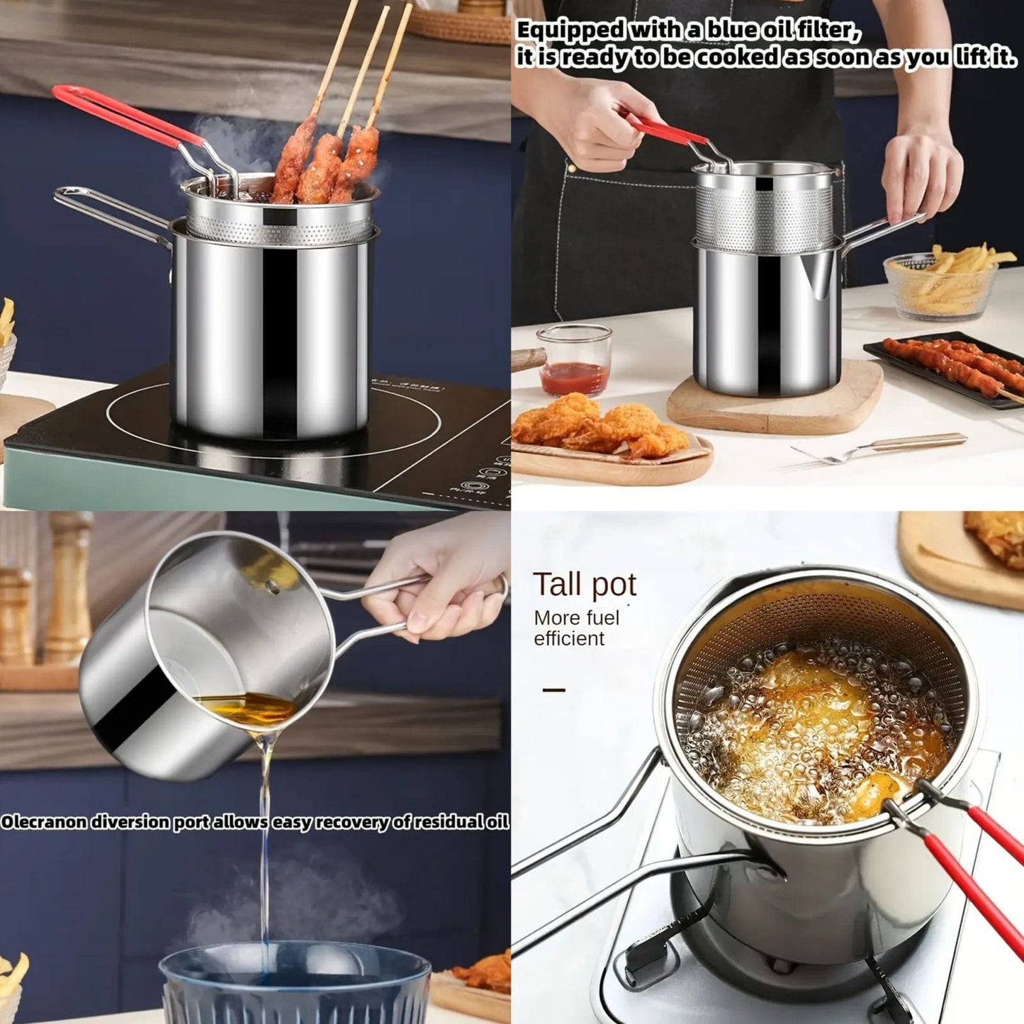 Stainless Steel Deep Fryer Pot (1.2L) with Strainer Basket & Heat-Resistant Handle
