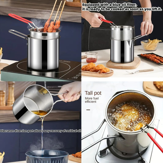 Stainless Steel Deep Fryer Pot (1.2L) with Strainer Basket & Heat-Resistant Handle